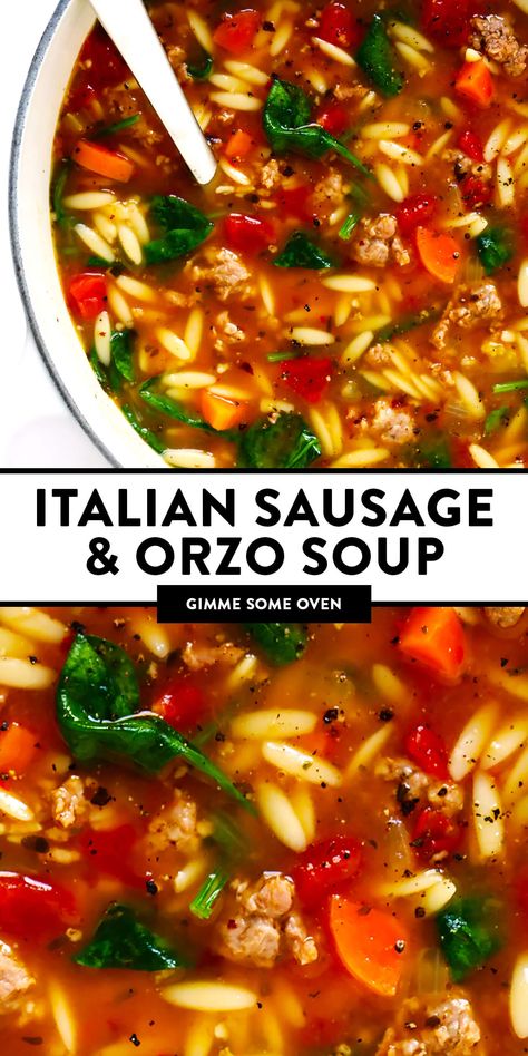 This Italian Sausage and Orzo Soup recipe is easy to make with your choice of veggies, it's seasoned with a zesty garlic tomato broth, and tastes SO cozy and comforting. The perfect easy dinner recipe that also makes great leftovers for later! | gimmesomeoven.com #italian #soup #pasta #orzo #sausage #dinner #freezermeal #mealprep #healthy Italian Sausage And Orzo, Italian Sausage Orzo Soup, Sausage Orzo Soup, Italian Sausage Orzo, Sausage And Orzo, Sausage Orzo, Tuscan Sausage, Orzo Soup Recipes, Italian Soup Recipes