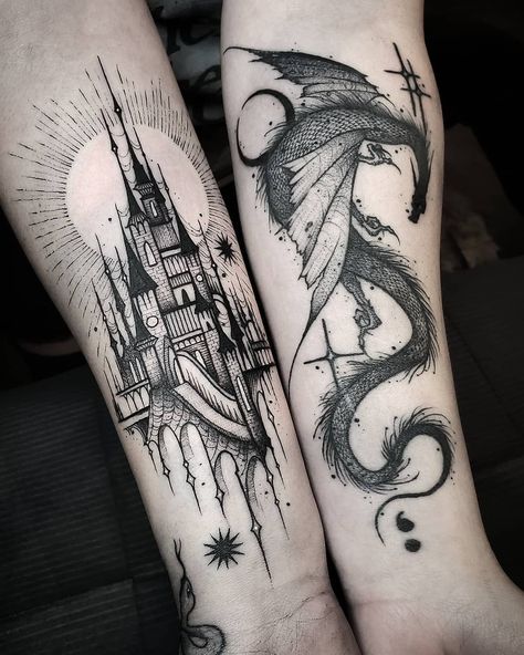 Out of Step Books & Gallery on Instagram: “#Castle and #dragon #tattoos by @thomasetattoos who is always killing it with the outstanding #blackwork #tattoos that he creates! Visit…” Thestral Tattoo, Shin Tattoo, Castle Tattoo, Creature Fantasy, Medieval Dragon, Japanese Dragon Tattoo, Fantasy Tattoos, Halloween Tattoo, Dragon Tattoo Designs