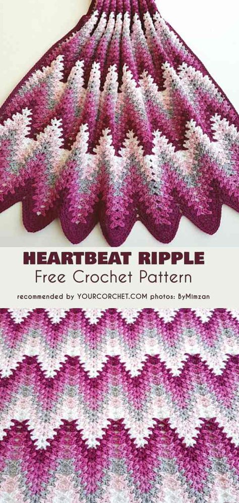 Heartbeat Ripple Blanket Free Crochet Pattern #freecrochetpatterns #crochetblanket #crochetafghans Interesting Crochet, Afghan Crochet Patterns Easy, Crochet Ripple Afghan, Crochet Ripple Pattern, Ripple Blanket, Crochet Hack, Design Crochet, Crochet For Beginners Blanket, Beginner Crochet Projects