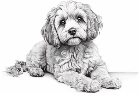 Cockapoo Drawing Cockapoo Drawing, Cavapoo Tattoo, Cockapoo Sketch, How To Draw A Doodle Dog, Cockapoo Art, Labradoodle Drawing, Cavachon Dog, Dog Portrait Drawing, Poodle Drawing