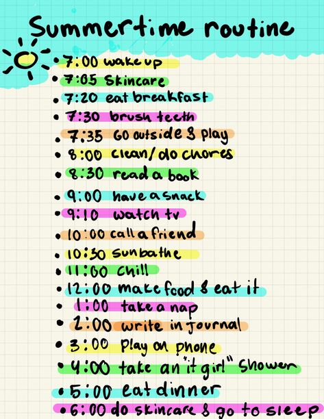 Perfect Summer Routine, Perfect Day Routine Summer, That Girl Summer Routine, Healthy Summer Routine, Summer Break Daily Routine, Hoț Girl Summer List, Hoț Girl Summer Diet, Summer Routine For Teenagers, Hoț Girl Summer Checklist