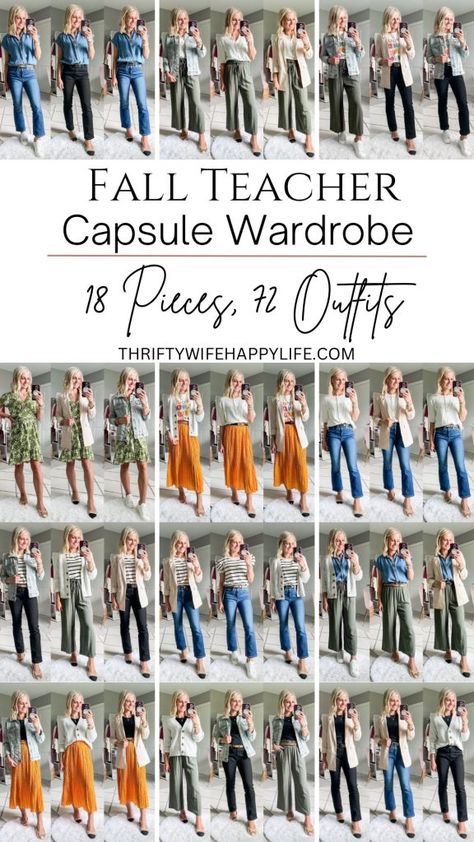 Affordable Fall Teacher Capsule Wardrobe 2024 - Thrifty Wife Happy Life Teacher Outfit Capsule, Fall Fashion Capsule Wardrobe, Womens Fall Capsule Wardrobe, Capsule Teacher Wardrobe, Teacher Wardrobe 2023, Preschool Teacher Capsule Wardrobe, Minimalist Teacher Wardrobe, Fall 2024 Fashion Trends Teacher, Winter Teacher Capsule Wardrobe