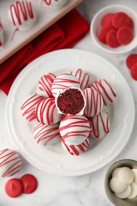 Red Velvet Truffles with Cake Mix | Dessert Now Dinner Later Valentines Cakes And Cupcakes, Valentines Day Dessert, Red Velvet Truffles, Valentines Desserts, Valentines Party Food, Red Desserts, Valentines Recipes Desserts, Red Velet, Dessert Truffles