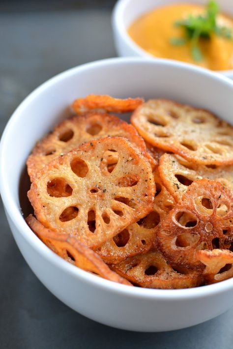 Lotus Root Chips, Lotus Root Recipe, Baked Veggies Recipes, Root Chips, Coconut Butternut Squash Soup, Veggie Chips, Lotus Root, Asian Cooking, Small Bites