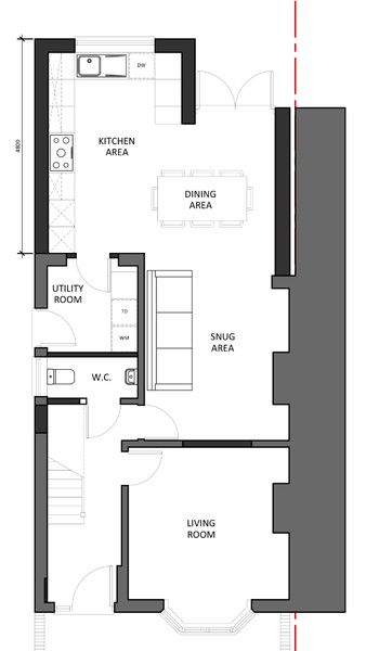 Kitchen Diner Layout, Kitchen Extension Floor Plan, Diner Layout, Cozy House Plans, Kitchen Extension Layout, 1930s House Extension, 1930s House Renovation, Utility Kitchen, House Extension Plans