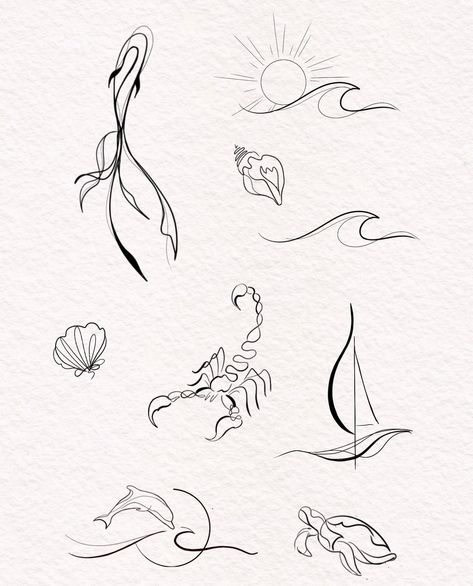 Ocean Tattoos Mermaid, Ocean Doodles Aesthetic, Fine Line Ankle Tattoo, Fine Line Ocean Tattoo, Small Ocean Tattoos, Small Ocean Tattoo Ideas, Small Fine Line Tattoo, Costa Rica Tattoo, Tattoo Klein