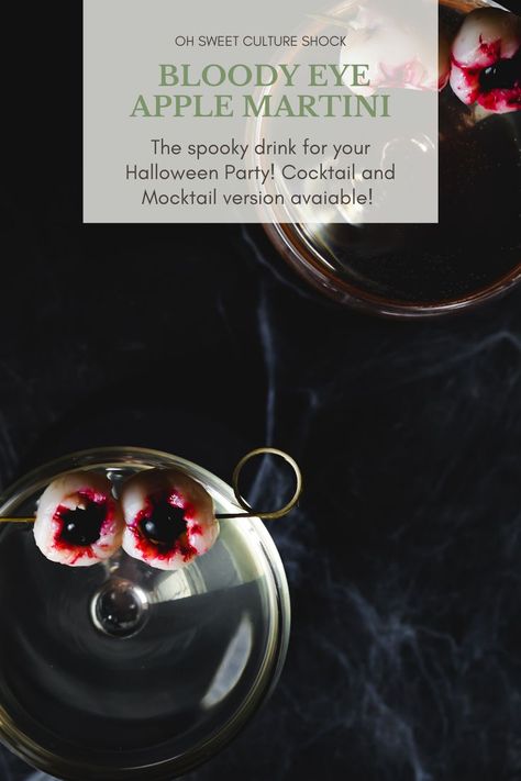 This Bloody Eye Apple Martini is the Halloween cocktail you were looking for! Combining delicious fall flavors with a spooky touch makes this cocktail the star of your Halloween party this year! Using Lychees and blueberries you make super spooky eyes to swim in your drink. There is a cocktail as well as a mocktail version of this creepy drink. Eyeball Martini, Apple Martini Recipe, Drink Flavors, Gluten Free Halloween, Lychee Martini, Alcholic Drinks, Apple Martini, Halloween Cocktail, Spooky Eyes