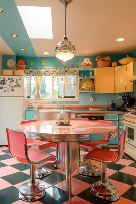 It's 2024's big kitchen trend - kitschy kitchens a.k.a. Kitschens. Combine colorful retro and unique home decor to create a kitchen full of life. Colourful Kitchen Design, Retro Diner Aesthetic Kitchen, Colorful Kitchen Aesthetic, Retro Home Interior, Kitsch Interior Design, 1950s Diner Kitchen, 1960s Kitchen Vintage, Platypus Painting, Retro Home Decor 1950s