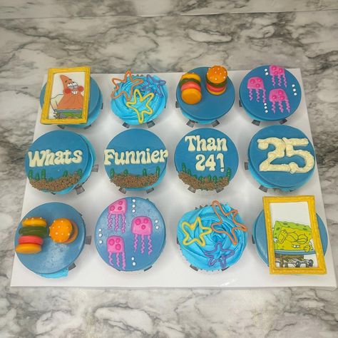 Whats funnier than 24? #spongebob #whatsfunnierthan24 #cupcakes #customtoppers #spongebobmeme #spongebobtheme #spongebobcake #spongebobsquarepants #spongebobcupcakes #patrickstar #patrick #krabbypatty #krabbypatties #jellyfish Whats Funnier Than 24, Whats Funnier Than, Spongebob Cupcakes, Sponge Bob Cupcakes, Movie Cupcakes, Cake Themes, Spongebob Cake, Patrick Star, Movie Game