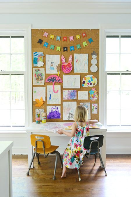 What a great way to display kiddo's art work! Easy DIY project from Young House Love Diy Cork Board Wall, Diy Kids Art Display, Cork Board Wall, Displaying Kids Artwork, Art Display Kids, Young House, Young House Love, Art Desk, Small Home Office