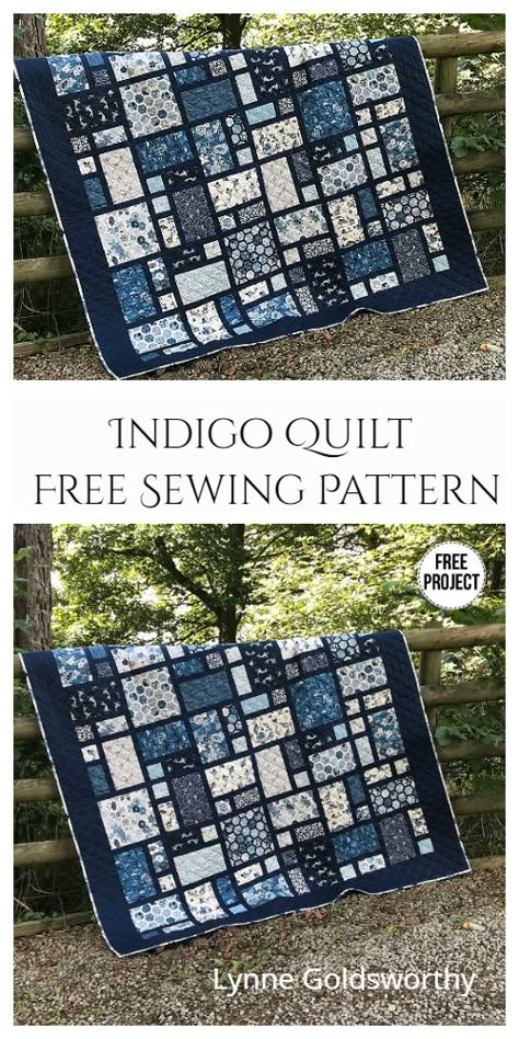 Indigo Quilt Free Sewing Pattern Indigo Quilts, Fabric Art Diy, Blue Quilt Patterns, Denim Quilt Patterns, Japanese Quilt Patterns, Blue And White Quilts, Indigo Quilt, Patchwork Quilting Designs, Denim Quilts