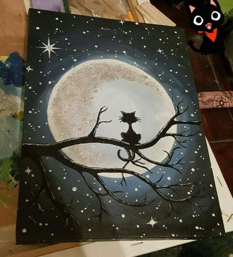 Acryl painting, cat on tree, in front of the moon, gold leaf, Acrylbild,  Katze auf dem Baum, vor dem Mond, Blattgold Fairy Paintings, Doodle Art Journals, New Hobbies, Acrylic Art, Doodle Art, Art Tutorials, Painting Inspiration, Diy Clothes, Sleeve Tattoos