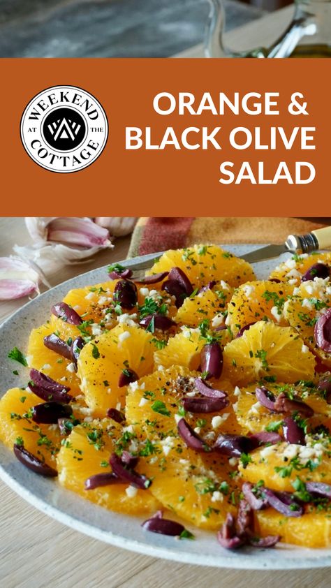 Simple Orange and Black Olive Salad Italian Orange Salad, Black Olive Salad, Food Bites, Spring Salad Recipes, Veggies Recipes, White Balsamic, Olive Salad, Navel Oranges, Citrus Salad