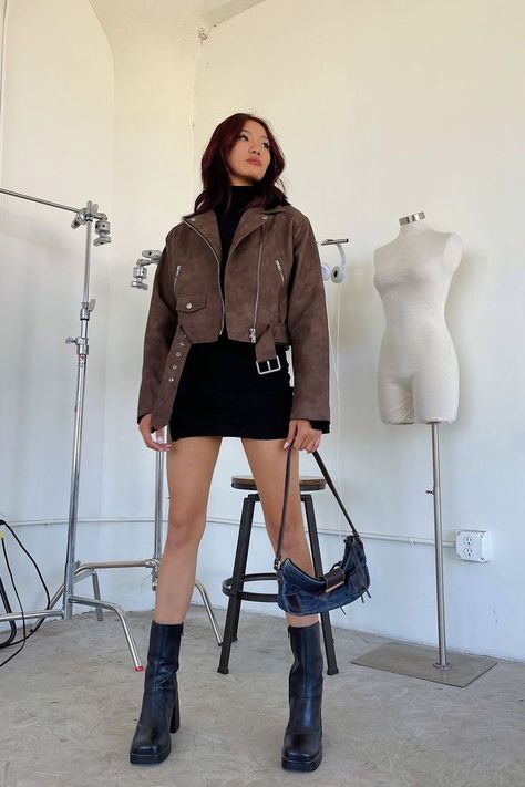 Cute Fall Party Outfits, Leather Jacket Outfit Summer, Leather Jacket Dress Outfit, Badass Outfits For Women, Leather Jacket With Skirt, Leather Jacket With Dress, Outfits With Leather Jackets, Cropped Leather Jacket Outfit, Crop Jacket Outfit