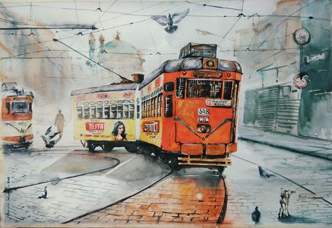 Kolkata Tram, Kolkata Painting, View Sketch, Guitar Images, Alpona Design, Saree Painting, Street Painting, Watercolor Fashion, Painting Art Lesson