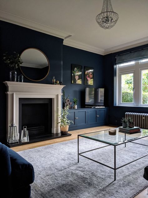 Edwardian Semi Living Room Final Reveal Stiff Key Blue Living Room, Period Lounge Ideas, Dark Blue Tv Room, Room Asethic, Blue Living Room Accent Wall, Dark Blue Walls Living Room, Dark Blue Feature Wall Living Room, Blue Feature Wall Living Room, Blue Carpet Living Room