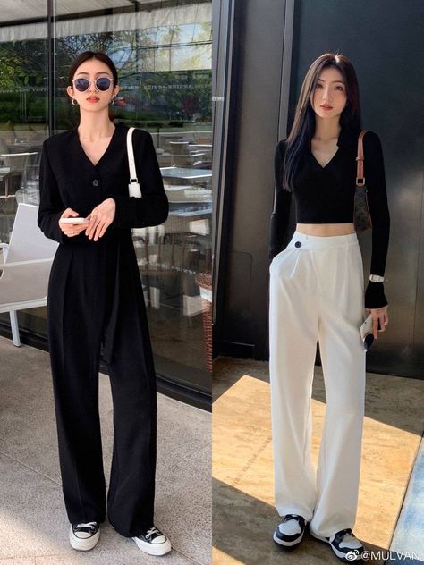 Black Trousers Outfit Casual Korean, Korean Black Pants Outfit, Official Pants Outfit, Black Trousers Outfit Korean, Black Tailored Trousers Outfit, Black Baggy Pants Outfit, Mulvan Official, First Date Outfit Casual, Black Trousers Outfit