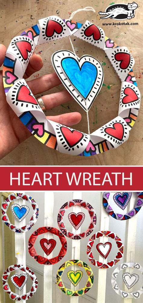 krokotak | HEART WREATH Valentine Art Projects, February Crafts, Classroom Art Projects, Valentine Crafts For Kids, Elementary Art Projects, Valentines Day Activities, Valentines Art, Classroom Crafts, School Art Projects