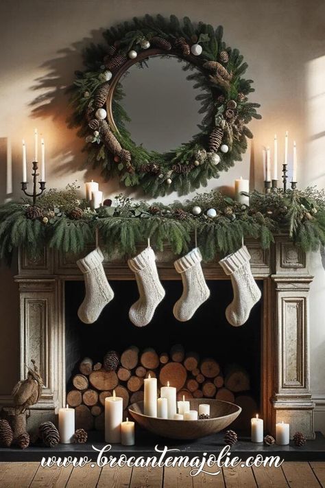 10 Jaw-Dropping Christmas Mantle Decor Ideas You Need to See - Brocante Ma Jolie No Mantle Christmas Decor, Xmas Mantle Decorations, Christmas Mantle Decor Ideas, Candle Mantle Decor, Mantle Candles, Christmas Mantles, Fireplace Diy, Christmas Mantel Decor, Fireplace Christmas