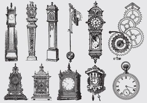 Set of old style drawing clocks for your mechanic projects, clock publications or time topics in your designs. Old Style Drawing, Vintage Clock Tattoos, Time Piece Tattoo, Clock Drawing, Clock Drawings, Antique Appraisal, Clock Tattoo Design, Geometric Tattoo Arm, Pieces Tattoo