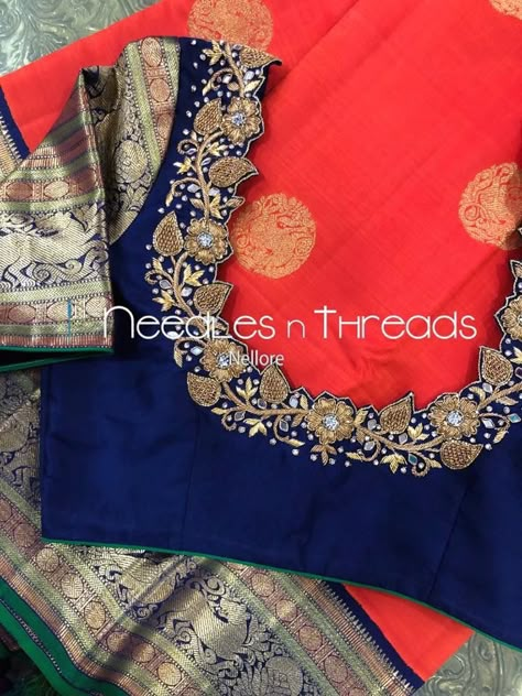 Jardoshi Work Design Blouse, Simple Maggam Work Blouse, Simple Maggam Work, Magam Work, Work Blouse Designs, Blue Blouse Designs, Blouse Designs High Neck, Maggam Work Blouse, New Saree Blouse Designs