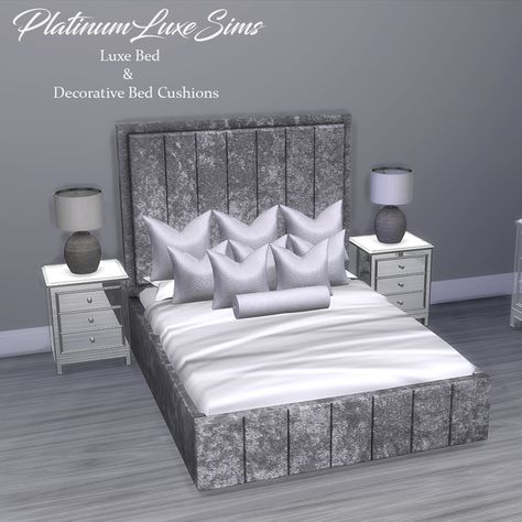 Luxury Bed & Decorative Bed Cushions | PlatinumLuxeSims on Patreon Sims4 Furniture Cc Bed, The Sims 4 Beds Cc, Sims 4 Glam Furniture Cc, Sims 4 King Bed, Sims 4 Cc Luxury Bedroom, Sims 4 Cc Fancy Furniture, Sims 4 Furniture Cc Bed, Sims 4 Cc Bed Covers, Sims 4 Urban Cc Furniture Bed