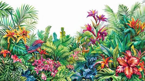 Vibrant tropical floral illustration | Free Photo Illustration - rawpixel Jungle Border, Tropical Botanical Garden, Border Flowers, Jungle Foliage, Jungle Gardens, Jungle Pattern, Tropical Botanical, Garden Illustration, Floral Illustration