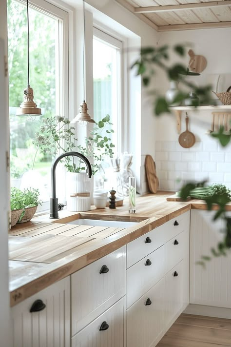 Natural Decor Kitchen, Classic Scandinavian Kitchen, Kitchen Glow Up, Kitchen Inspiration Scandinavian, Simple Kitchen Renovation, Scandinavian Kitchen Renovation, Cabin Kitchen Cabinets, Light And Airy Kitchen, Natural Light Kitchen