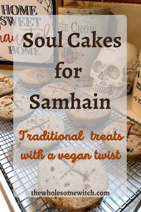 You don't have a food much more connected to Samhain than Soul Cakes! These delicious little spiced bisquit type cakes are oh so tasty and completely vegan. Click through and you may just discover your new staple Samhain recipe! #samhain #soulcakes #kitchenwitch Vegan Witchy Recipes, Soul Cake Recipe, Samhain Bread Recipes, Samhain Baking Recipes, Samhain Traditions Recipe, Samhain Desserts, Soul Cakes Samhain, Vegan Samhain Recipes, Samhain Recipes Soul Cakes