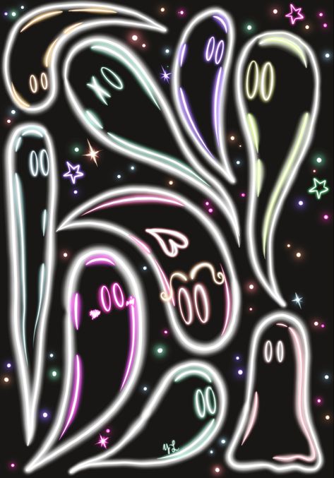 #ghostart #neonart #neonghosts #bright #halloween #spookyart #colorfulhalloween #halloweenart #procreate Neon Ghost Painting, Bright Halloween, Ghost Drawing, Posca Art, Neon Painting, Witchy Crafts, Neon Nights, Glow Effect, Halloween Painting