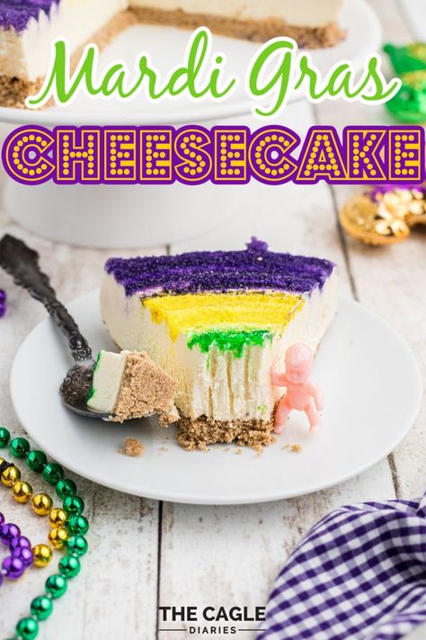 Mardi Gras cheesecake is a great Mardi Gras dessert. It's a nice change up from the usual King Cake we're used to seeing at that time and anyone that doesn't eat cheesecake is weird. Super delicious and creamy New York style cheesecake with a Mardi Gras colored sugar sanding on top. Mardi Gras Cheesecake, Kingcake Cheesecake, King Cake Cheesecake Recipe, King Cake Cheesecake, Picky Recipes, King Cake Ice Cream, Mardi Gras Desserts, Mardi Gras Cake, Southern Recipes Desserts