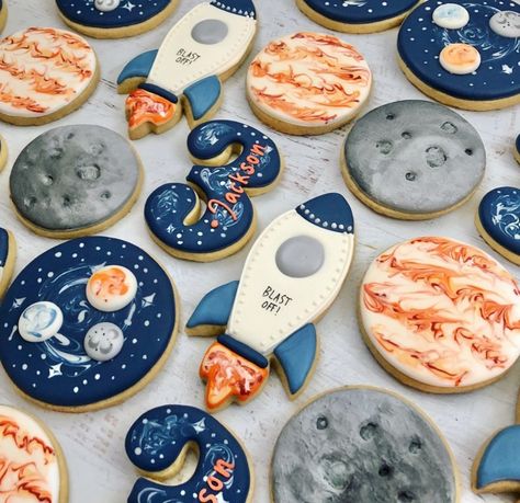 Planets Cookies, Galaxy Cookies, Planet Birthday, Boys 1st Birthday Cake, Iced Biscuits, Space Party, Space Birthday, 1st Birthday Cake, Cut Out Cookies