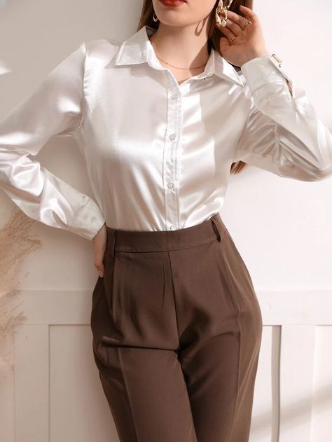 Solid Button Front Satin Shirt | SHEIN USA White Satin Button Up, White Satin Button Up Outfit, Satin Button Up Outfit, Button Up Outfit, Ivory Satin Dress, Interview Attire, Satin Shirts, Trip Packing, Satin Button Up