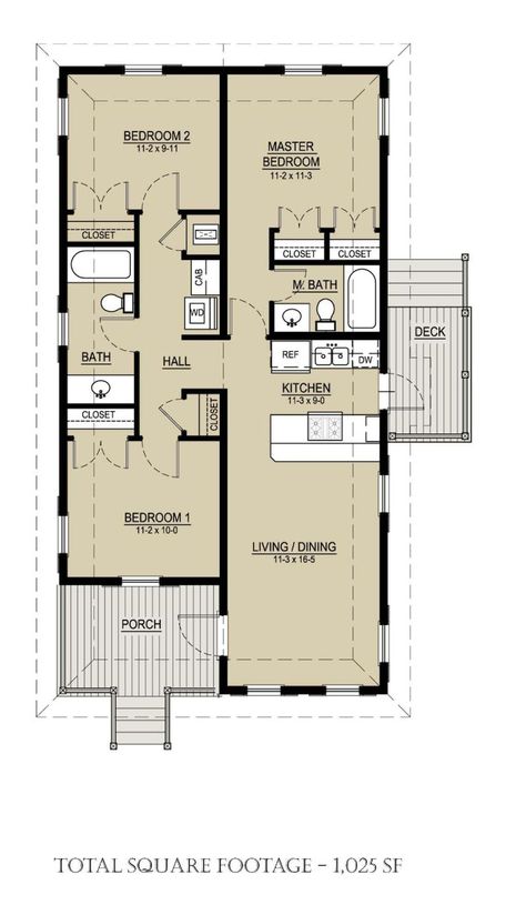 This 1025 square feet cottage style 3 bedroom, 2 bath with 0 garage stalls combines elements from the coastal style. The floor plan features empty-nester, economical to build, covered front porch, suited for narrow lot, main floor master bed & bath, peninsula/eating bar, suited for sloping lot, suited for vacation home, suited for corner lot, energy efficient design. 800 Sq Ft House, 3 Bedroom Home Floor Plans, 1000 Sq Ft House, 2 Bedroom House Plans, House Plans 3 Bedroom, House Plans One Story, Cottage Style House Plans, Cottages And Bungalows, Container House Plans