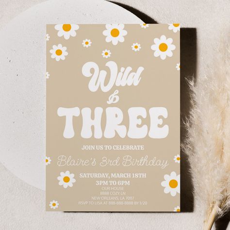 3rd Birthday Flower Theme, Flower 3rd Birthday Party, 3rd Birthday Party, Third Birthday Party, Retro Daisy, Girl Birthday Themes, Vintage Invitations, Birthday Themes, Third Birthday