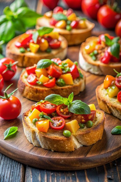 5 Simple Steps to Make Fresh Vegan Bruschetta Bites Autumn Bruschetta, Bruschetta Photography, Bruschetta Food Photography, Vegan Bruschetta Recipe, Ratatouille Bruschetta, Vegan Mozzarella Sticks, Vegan Bruschetta, Bruschetta Bites, Vegan Zucchini Fritters