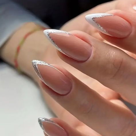 Fake Press On Nails, Matte White Nails, White French Nails, Glitter Tip Nails, Silver Glitter Nails, Light Pink Nails, White Glitter Nails, White French Tip, New Nail Designs