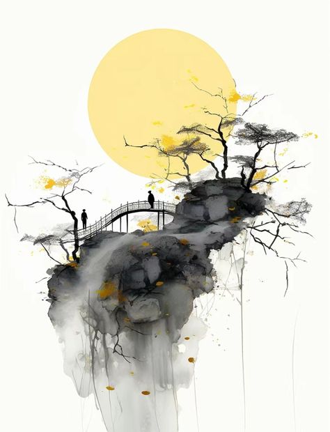 Japanese Ink Painting Landscape, Ink Painting Ideas, Chinese Ink Drawing, Sumie Art, Water Paint Art, Asian Artwork, Japanese Ink Painting, Zen Painting, Japanese Watercolor