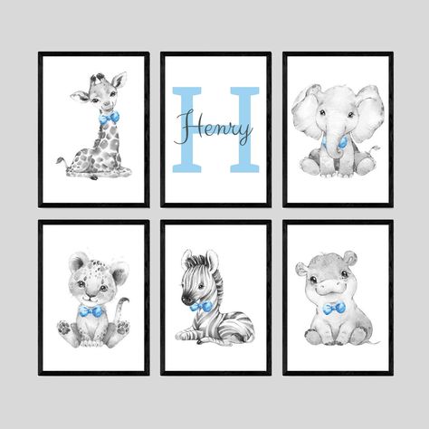 Safari Animals Baby Boys Nursery Prints Set Of 6 Unframed Personalised Name Grey Blue Bow Tie Gift Giraffe Elephant Hippo Lion Zebra by EviepopsPrints on Etsy Baby Boys Nursery, Boy Girl Nursery, Nursery Prints Boy, Green Bow Tie, Blue Bow Tie, Baby Boy Room Nursery, Grey Nursery, Boys Nursery, Blue Nursery