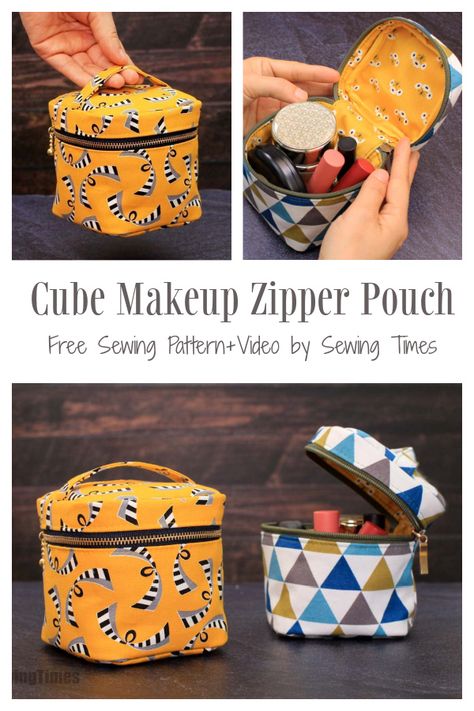 DIY Fabric Cube Makeup Zipper Pouch Free Sewing Pattern + Video | Fabric Art DIY Bags Sewing Patterns Free, Square Zipper Bag Pattern, Makeup Purse Pattern, Zip Makeup Bag Pattern, See Zipper Pouch, Diy Cosmetics Bag, Small Zipper Pouch Pattern, Cosmetic Bags To Sew, Sewing Projects With Zippers