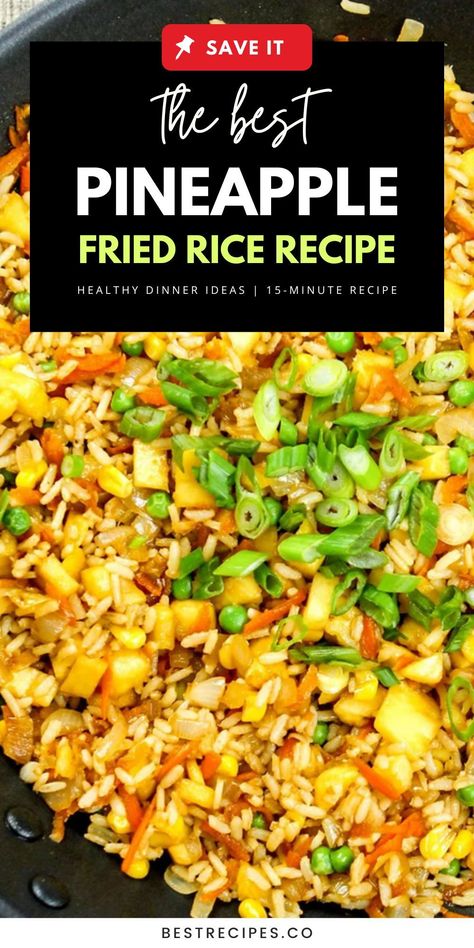 Discover a quick and easy Pineapple Fried Rice recipe that's perfect for busy weeknights. This 15-minute vegetarian dish combines fresh pineapple, brown rice, and a medley of vegetables for a healthy dinner idea. Ideal for family meals, it's a beginner-friendly homemade recipe that brings a taste of Hawaii to your table. Save this pin to your 'Dinner Recipes For Family With Rice' board and visit the article for more ideas. Rice Recipes Main Dishes, Stir Fry Veggies And Rice, Easy Healthy Protein Dinner, Dinner Recipes With Rice Main Dishes, Rice Ideas For Dinner, Meal Ideas With Rice, Meals With Rice Easy, Rice Dinners Easy, Dinner With Rice Ideas