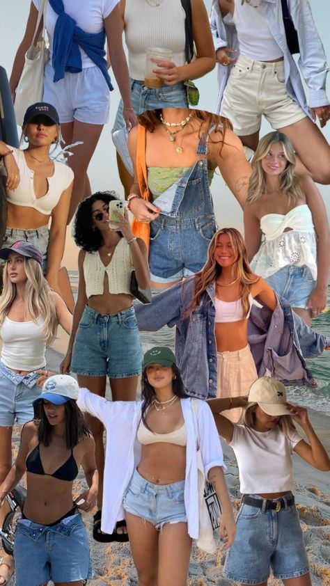 Collage of summer casual beach outfits inspired by the california girl aesthetic. Casual Outfit Aesthetic, Cute Beach Outfits, Florida Outfits, Travel California, Beachy Outfits, California Outfits, Spring Denim, Love S, California Girl