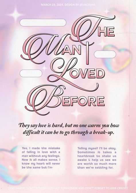 The Man I Loved Before in the style of Y2K, designed by Typographic Poster Design Layout, Y2k Poster Design, Y2k Poster, Y2k Edit, Y2k Posters, Pastel Design, Pastel Poster, Poster Inspiration, Y2k Design