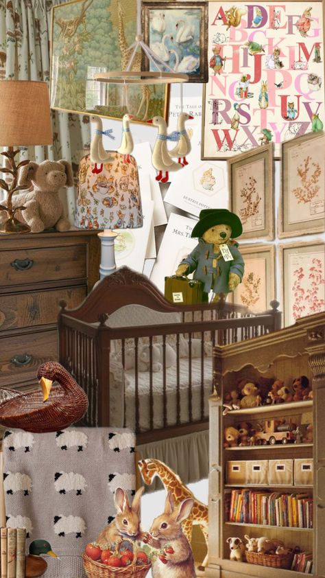 Classic, warm tone nursery Brambly Hedge Nursery, Little Bear Nursery, Vintage Nursery Decor Ideas, English Cottage Nursery, Antique Baby Nursery, European Nursery, Vintage Winnie The Pooh Nursery, Cottage Core Nursery, Vintage Nursery Room