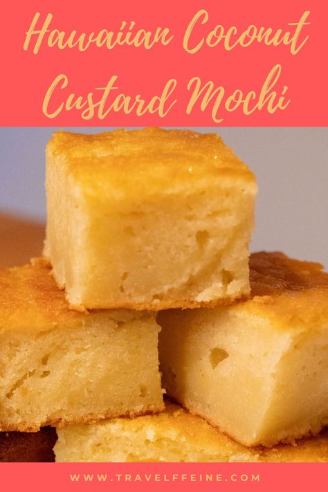 Need an easy dessert for your next get together? Look no further! This Hawaiian coconut custard mochi is sure to be a hit and it's easy to make too! Make ahead of time and take a little stress off your next celebration. Hawaiian coconut mochi is a sweet and chewy treat. #desserts #treats #hawaiianrecipes #mochi #recipe #glutenfree Hawaiian Coconut Dessert, Polynesian Dessert Recipes, Hawaiian Desserts Authentic, Coconut Mochi Recipe, Hawaiian Deserts Hawaii Dessert Recipes, Hawaii Desserts Easy Recipes, Hawaiian Butter Mochi Recipe, Custard Butter Mochi, Custard Mochi Recipe