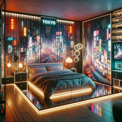 Tokyo Themed Bedroom, Tokyo Bedroom Aesthetic, City Themed Bedroom, Tokyo Bedroom, Cyberpunk Room Ideas, Red Playroom, Biggest Bedroom, Cyberpunk Bedroom, Sci Fi Room