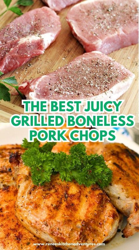 Image collage of boneless pork chops with seasoning and grilled and ready to eat Recipe For Summer, Boneless Pork Chops, Boneless Pork, Pork Chop, Seasoning Blend, The Grill, Pork Chops, This Year, Grilling