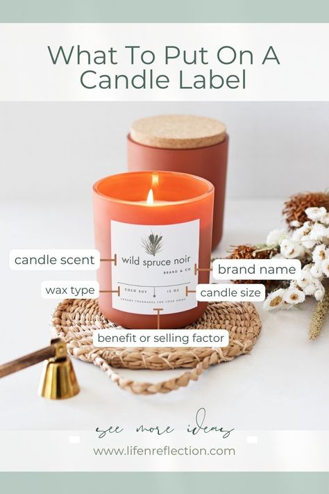 Wondering what to put on a candle label? Start with these ideas, then print a fill-in-the-blank candle label checklist! Candle Making Business Checklist, Candle Samples Ideas, Scented Candles Packaging Ideas, Candle Labels Ideas, Candle Booth Display, Candle Scent Combinations, Candle Booth, Candle Making Shop, Homemade Candle Labels