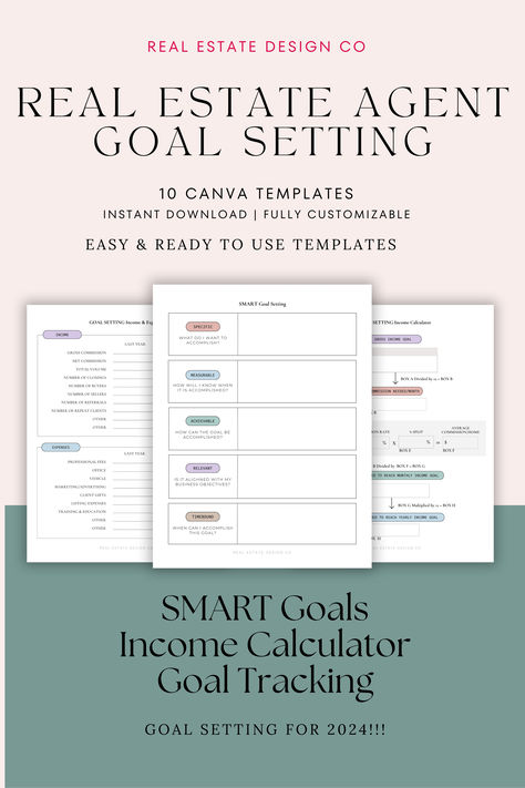 Are you a real estate agent looking to set goals and crush them in your business? Look no further than these professionally designed Canva templates, perfect for helping you plan and achieve your realtor goals! All the templates in this bundle are 100% customizable and can be utilized in the FREE version of Canva. The templates are designed to be printed and used over and over. Realtor Goals, Realtor Organization, Open House Checklist, Training Template, Smart Goal Setting, Real Estates Design, Real Estate Templates, Year In Review, Smart Goals