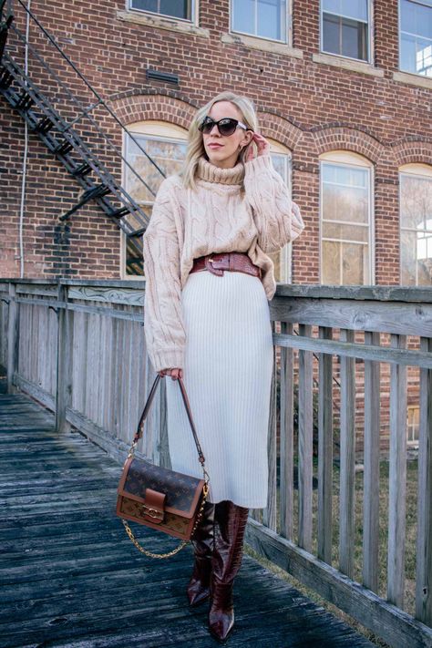 Meagan Brandon fashion blogger of Meagan's Moda shows how to wear knit sweater skirt with cable knit cropped sweater and wide leather belt White Skirt Winter, Pencil Skirt Outfits Winter, Sweater Skirt Combo, Wool Skirt Outfit, Midi Skirt Outfit Winter, Sweater Skirt Outfit, Chunky Knit Top, Long Knit Skirt, Knit Skirt Outfit